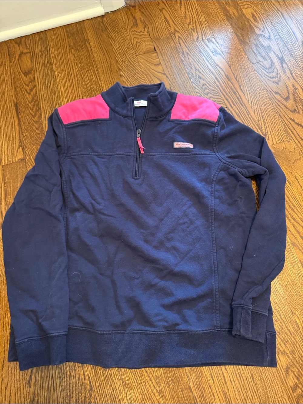 Vineyard Vines Navy Quarter-Zip Pullover with Pink Shoulder Panels